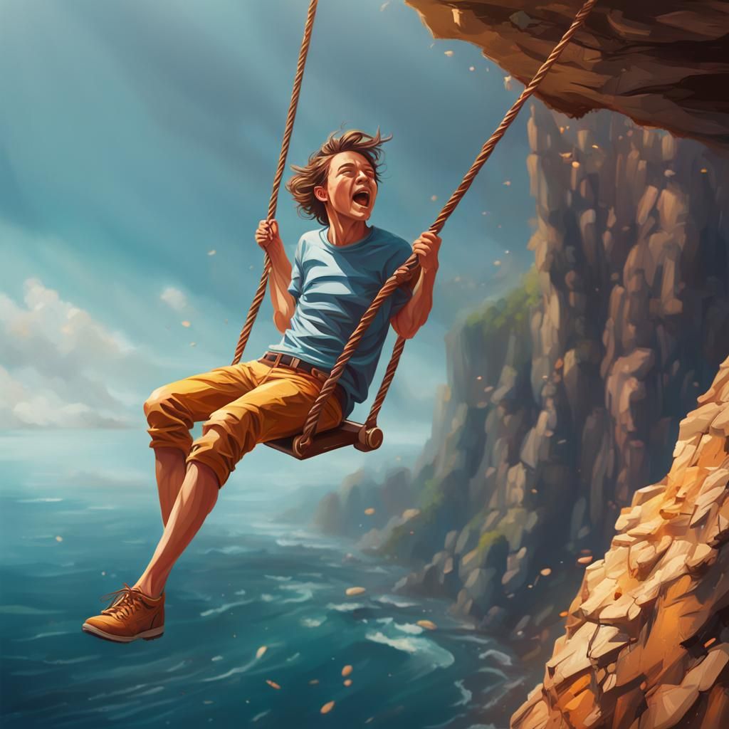 Hyperrealistic Cliffside Swing: Dramatic Concept Art