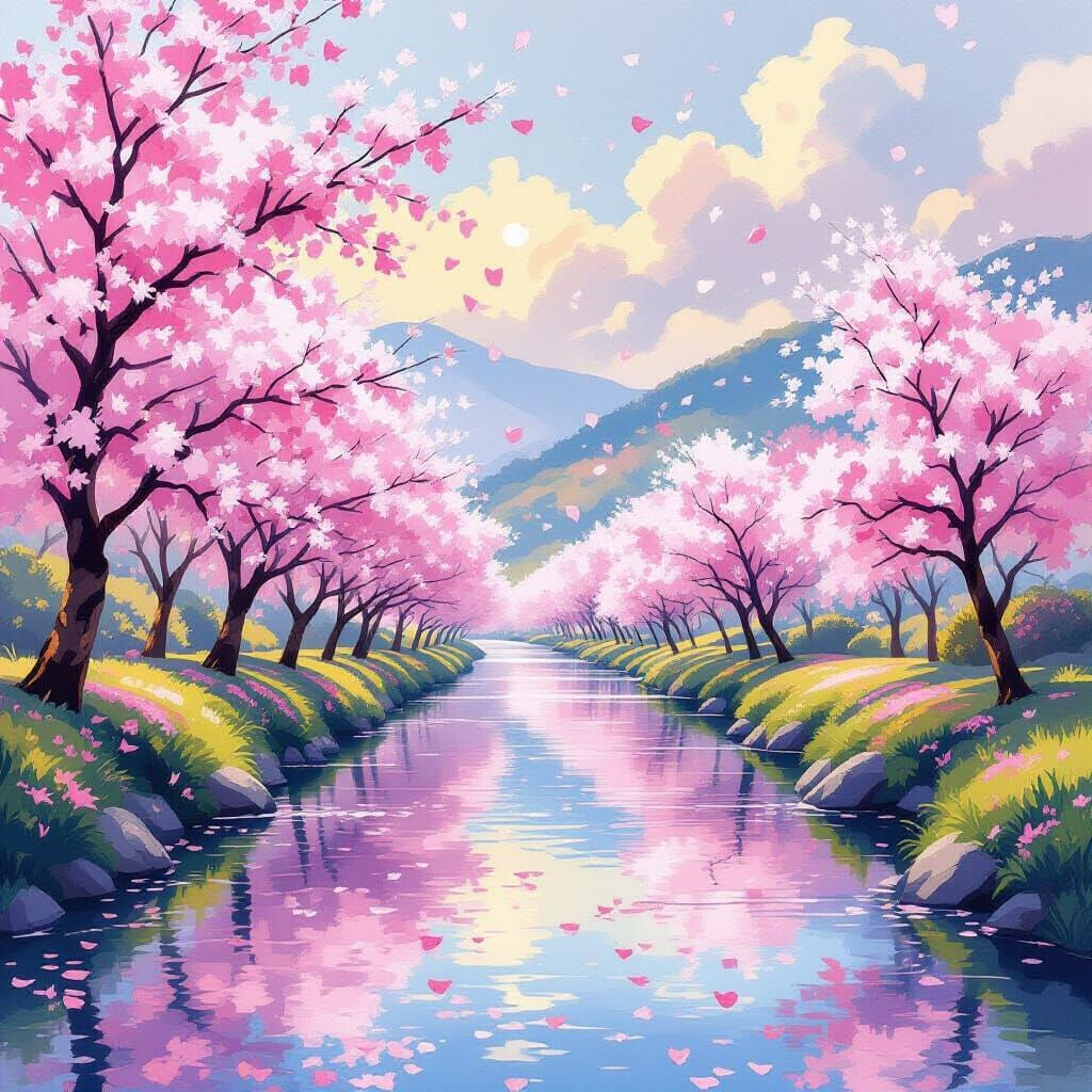 Cherry Blossom Valley in Pastel Hues
