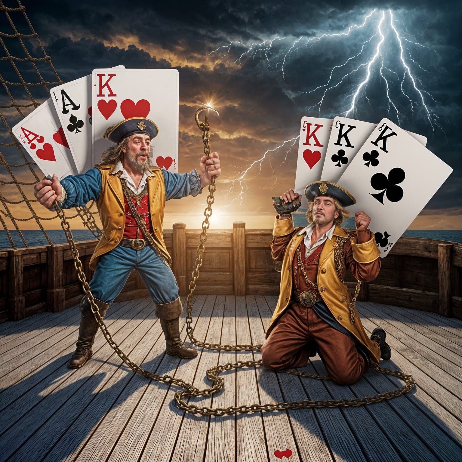 Triumphant Sailor with Giant Cards on Galleon Deck