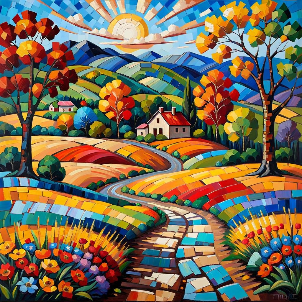 Colorful Mosaic Landscape in Expressionist Impasto Style