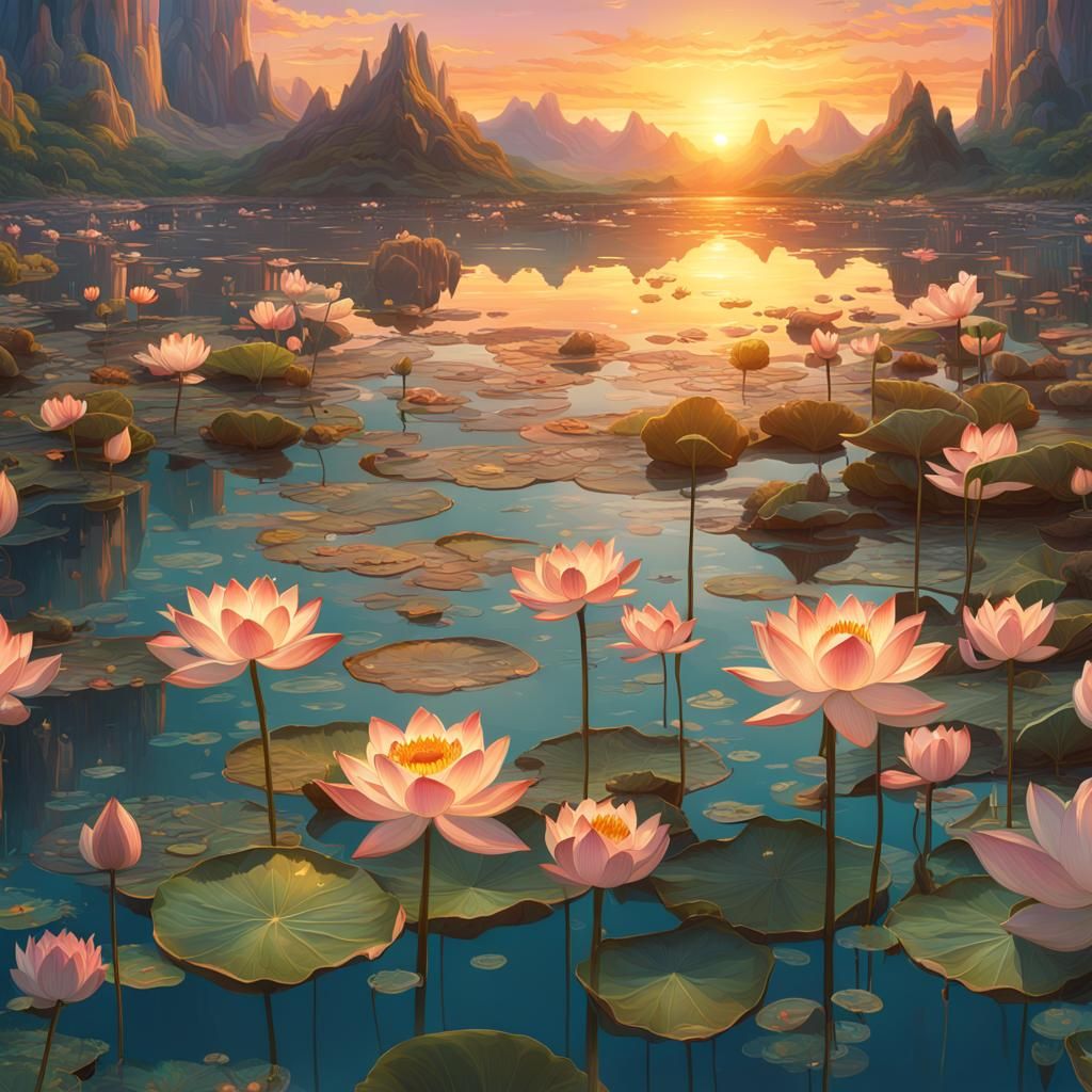 Lotus Flowers in Art Nouveau Style at Sunset