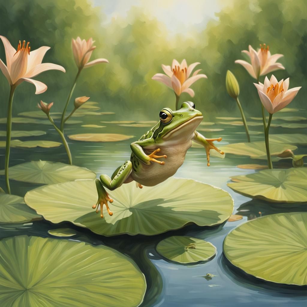 Frog Leaping Across Lily Pads in Pond