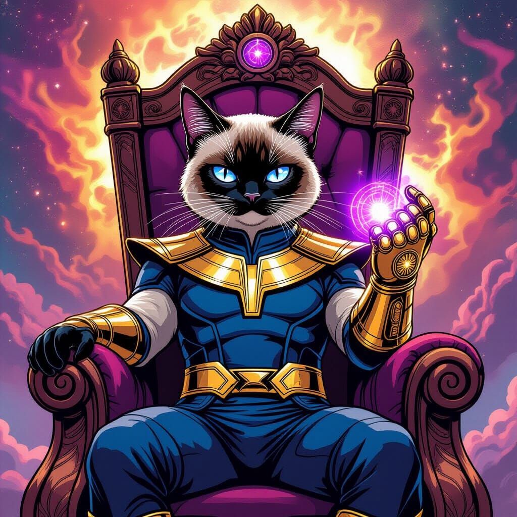 Thanos the Cat: Cosmic King in Comic Art Style
