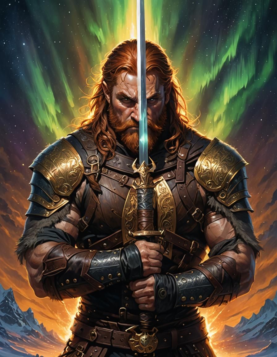 Dwarf Warrior with Sword and Northern Lights