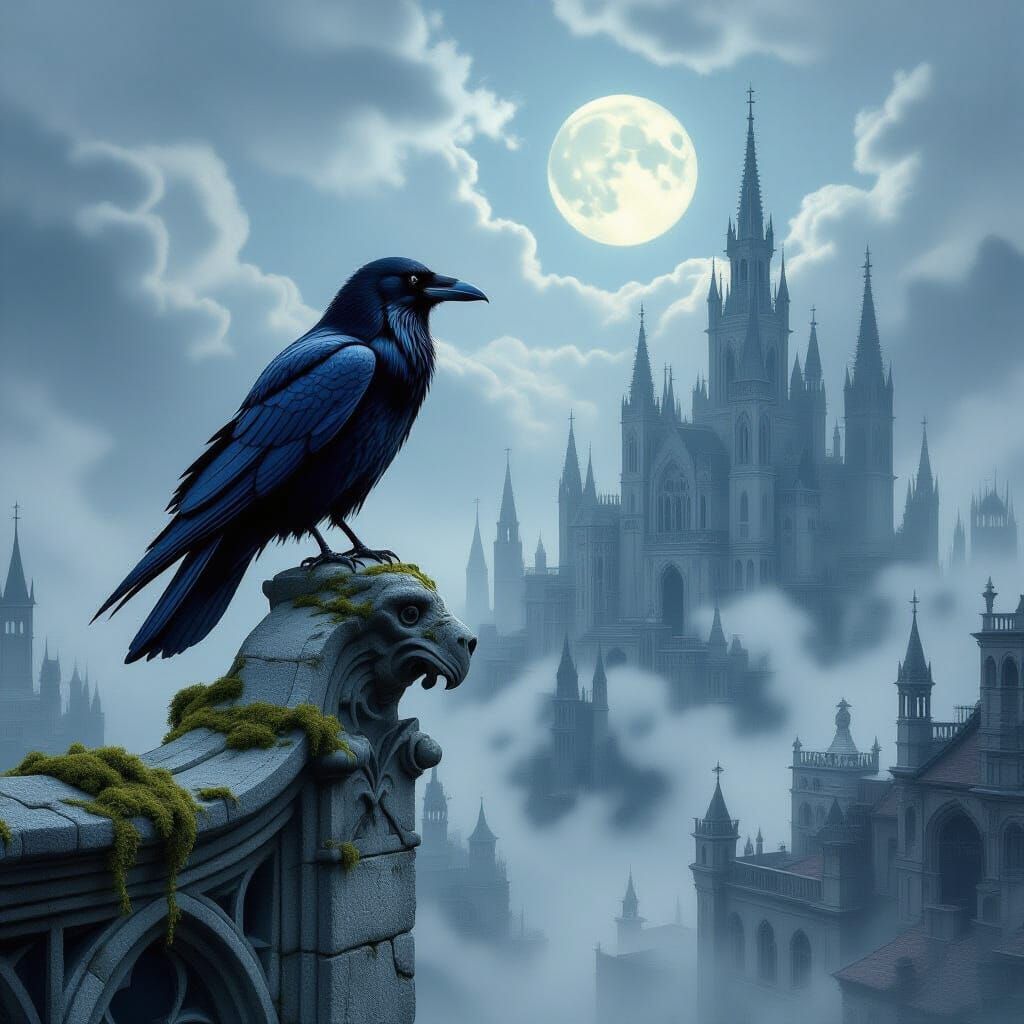Raven on Gargoyle Over Foggy Cityscape in Mosaic Style