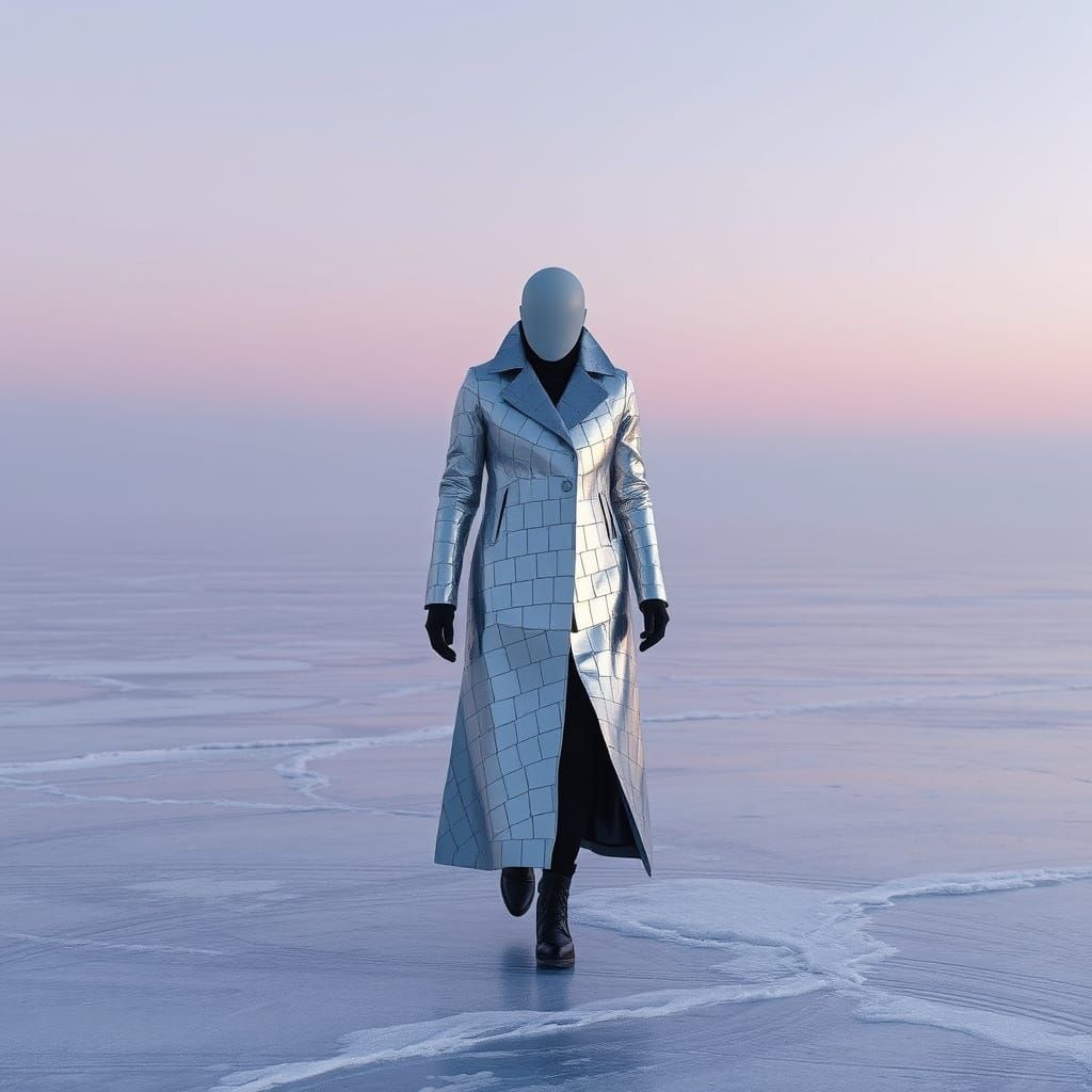 Mirrored Figure on Frozen Lake Under Lavender Sky