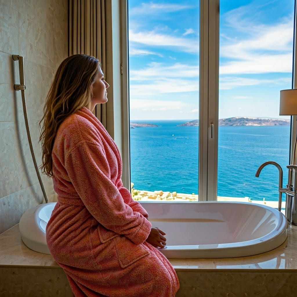 Woman in Pink Robe: Luxurious Bath Overlooking the Sea