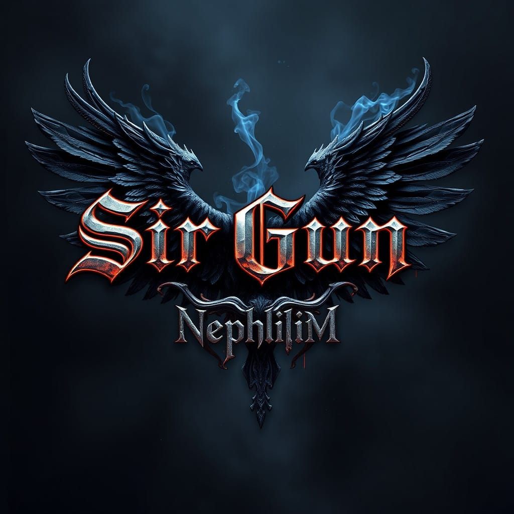Mysterious Sir Gun Nephilim Band Logo with Black Angel Wings...