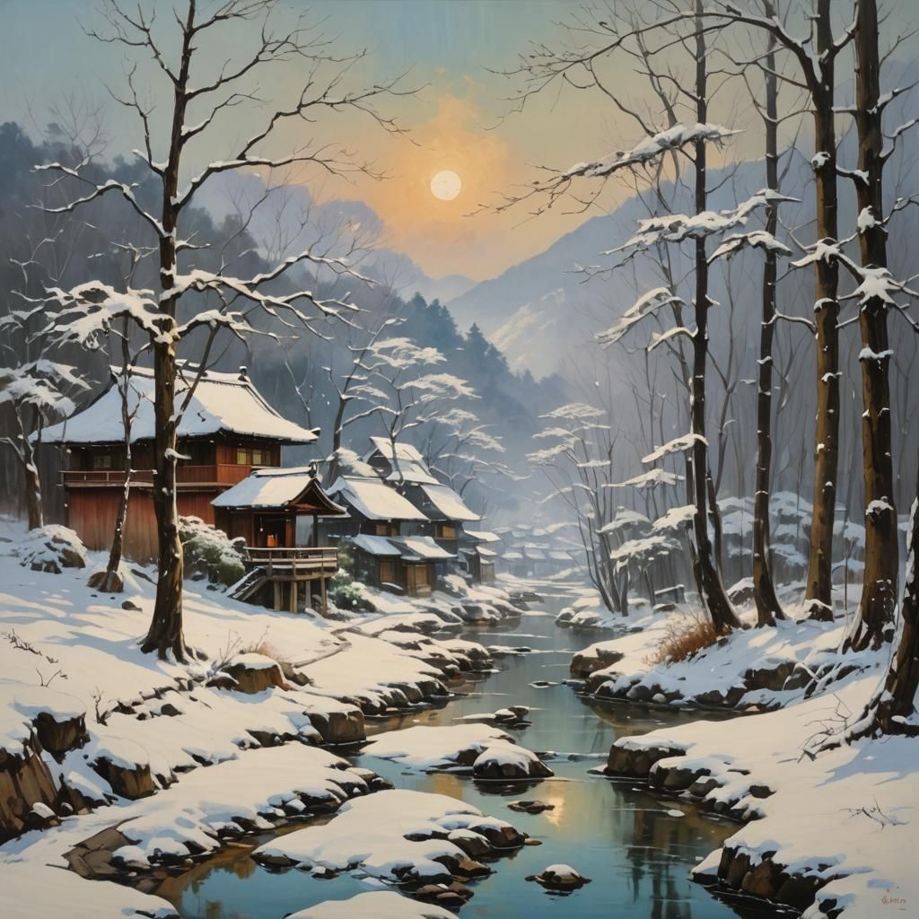 Japanese Winter Landscape as Oil Painting