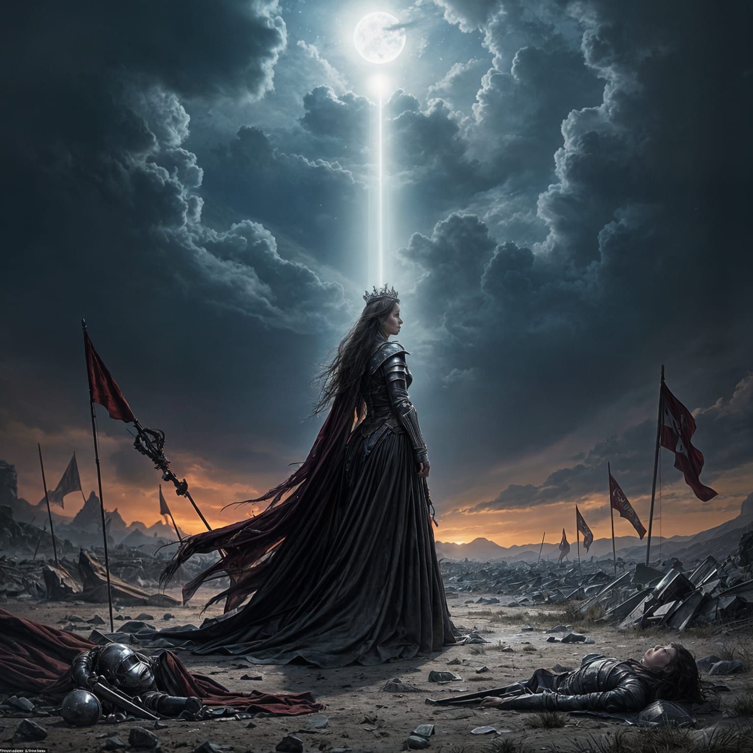 Queen on Desolate Battlefield Under Moonlight
