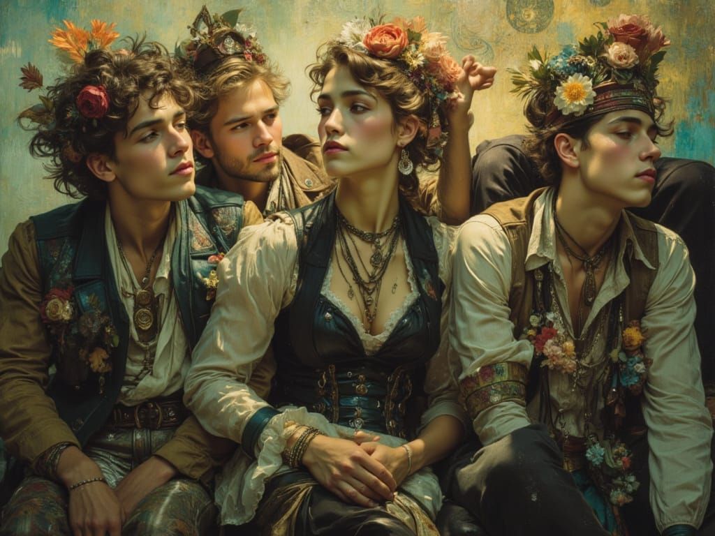 Salarymen Performing K-Pop Dance in Vibrant Sepia and Teal