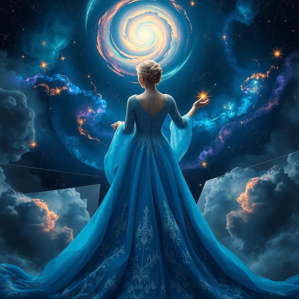 Celestial Woman Holding Star in Ethereal Universe