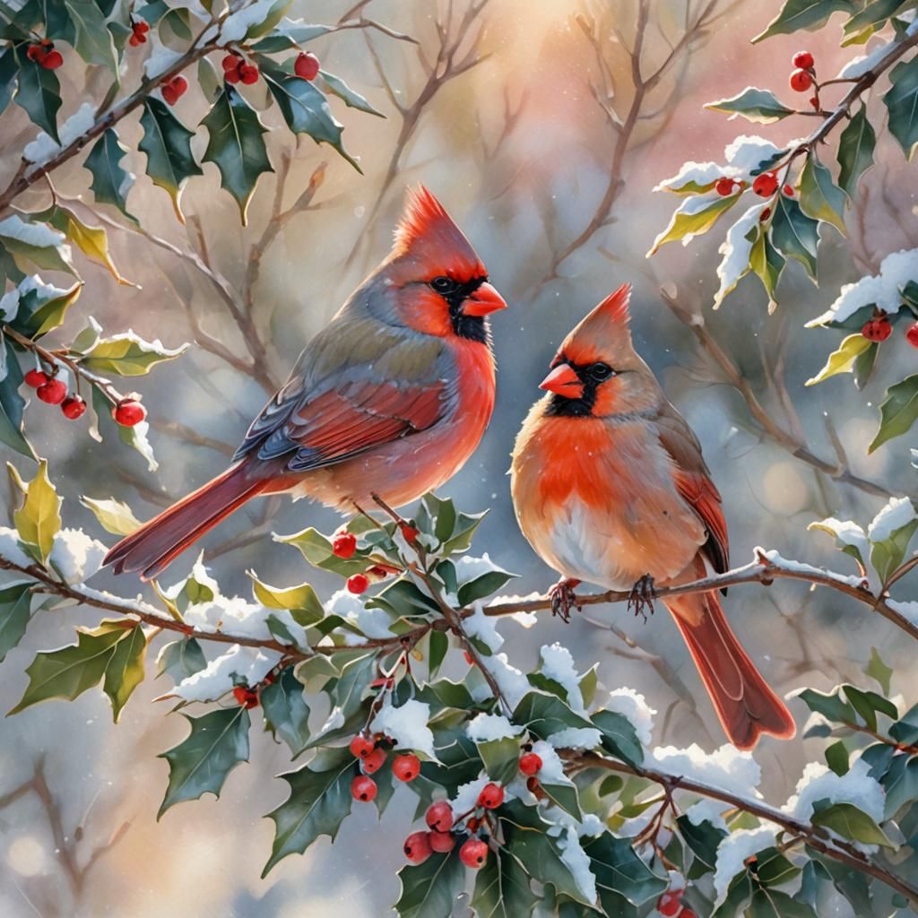 Cardinals on Holly Branch in Impressionist Watercolor
