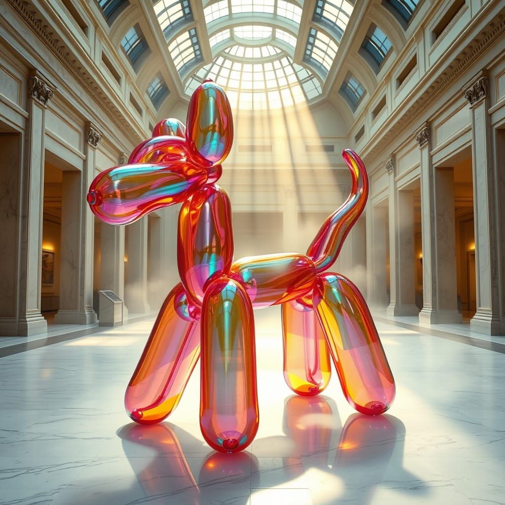 Vibrant Glass Sculpture of Balloon Dog in Serene Art Museum
