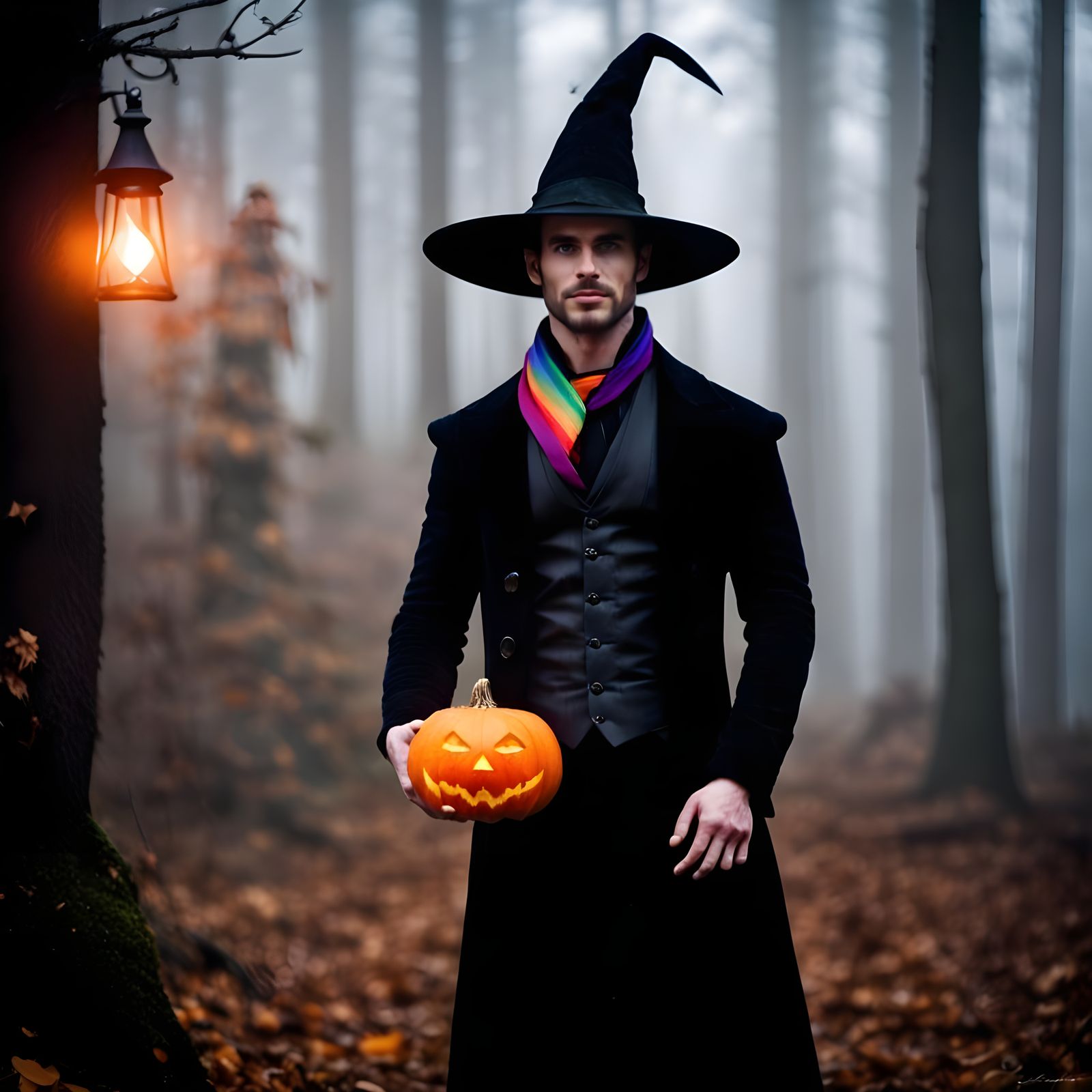 Foggy Forest Sorcerer with Pumpkin and Lamp