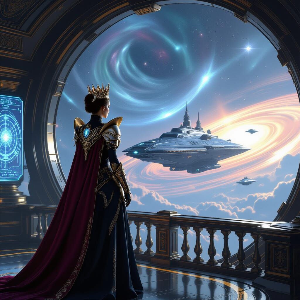 Regal Queen on Spaceship Bridge Overlooking Galaxy
