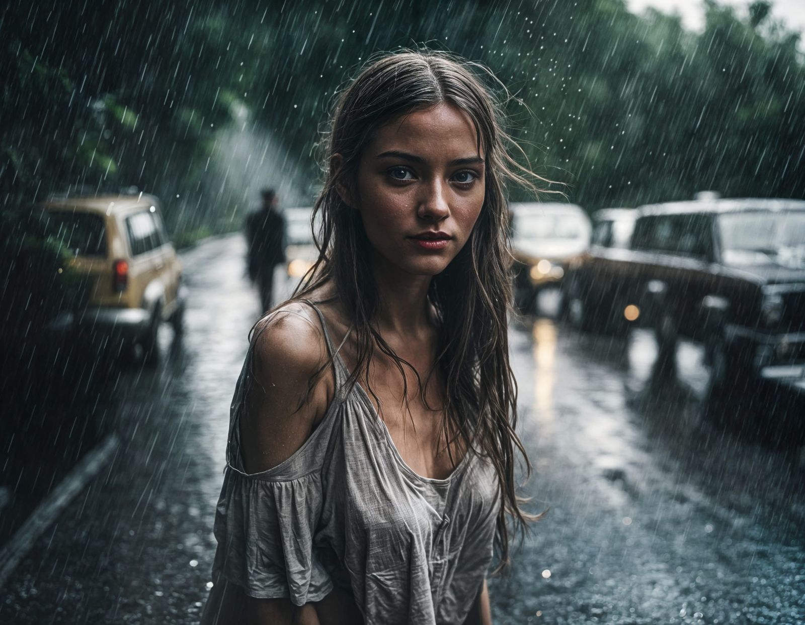 Film Noir: Rainy Day on Village Roadside