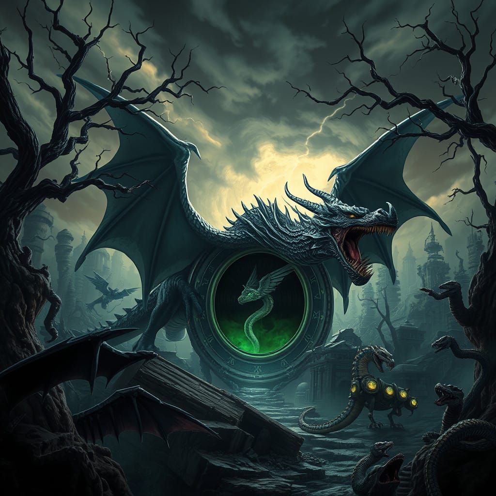 Dark Portal in Haunted Forest with Colossal Black Dragon