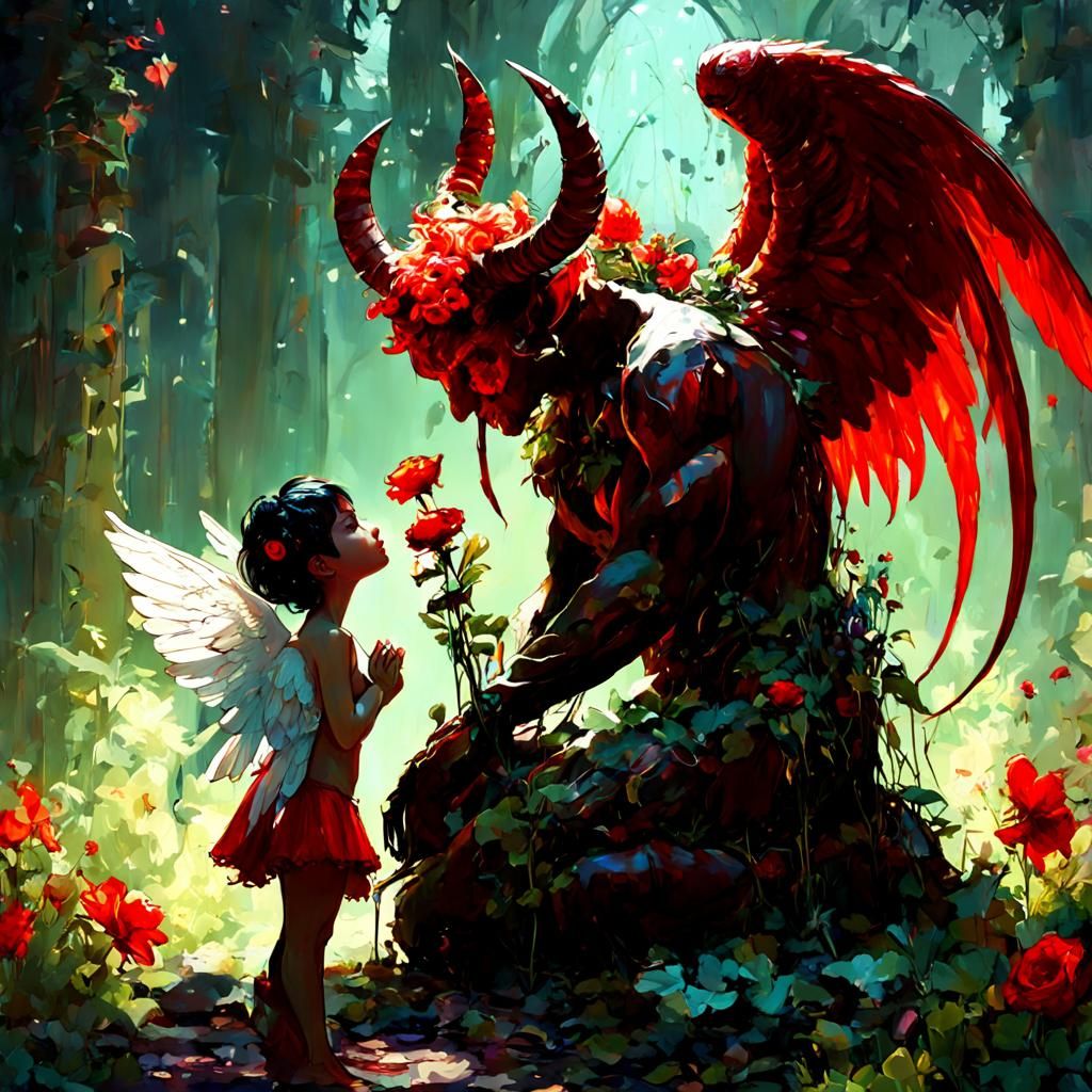 Devil Offering Flowers to Angel: Ornate Digital Painting