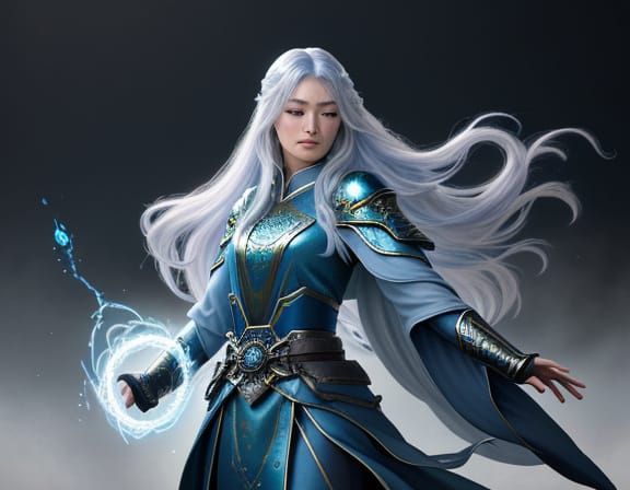 Surreal Fantasy Warrior Mage in Ethereal Opalescent Blue Fir...