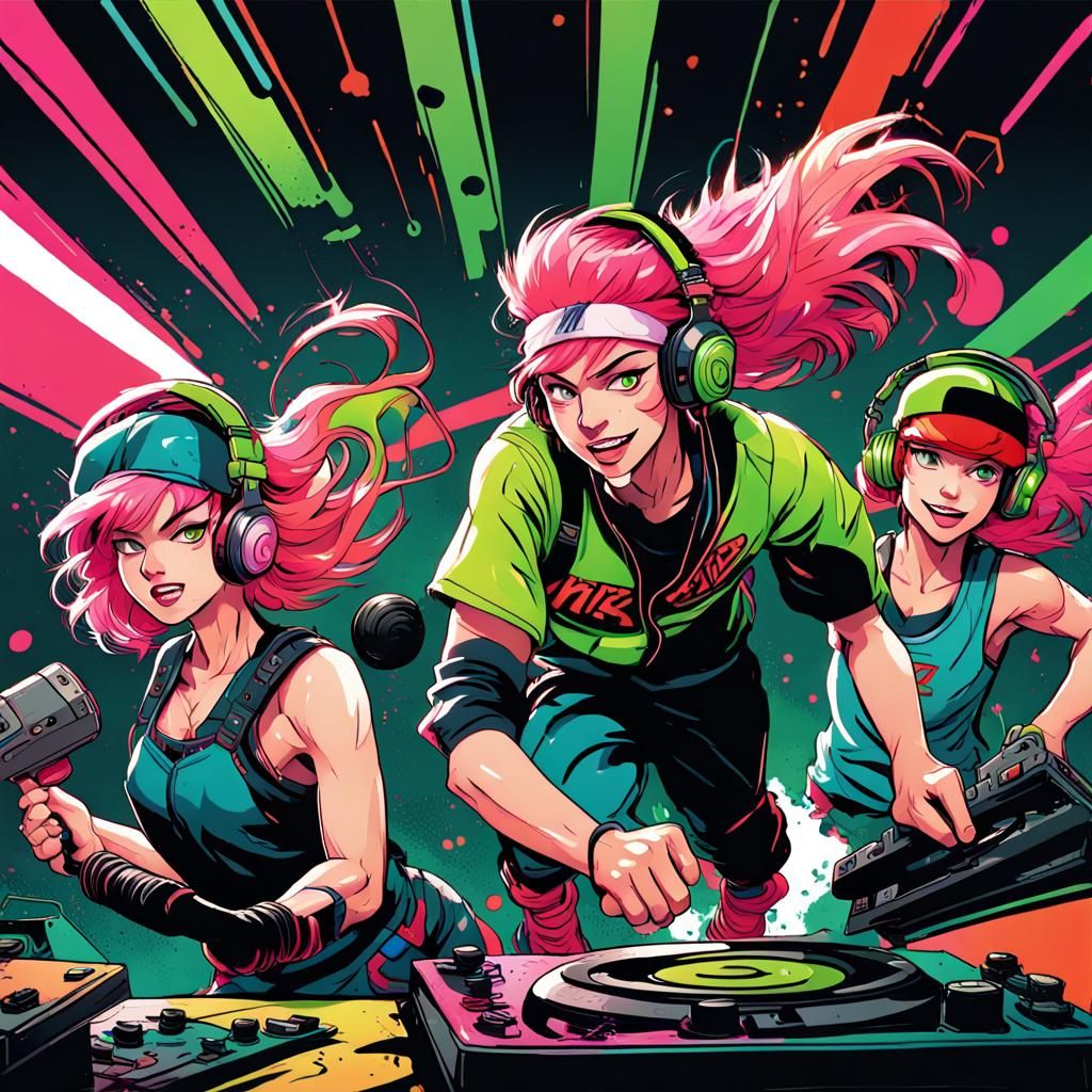 Energetic Comic Book Trio in Anime-Inspired Style