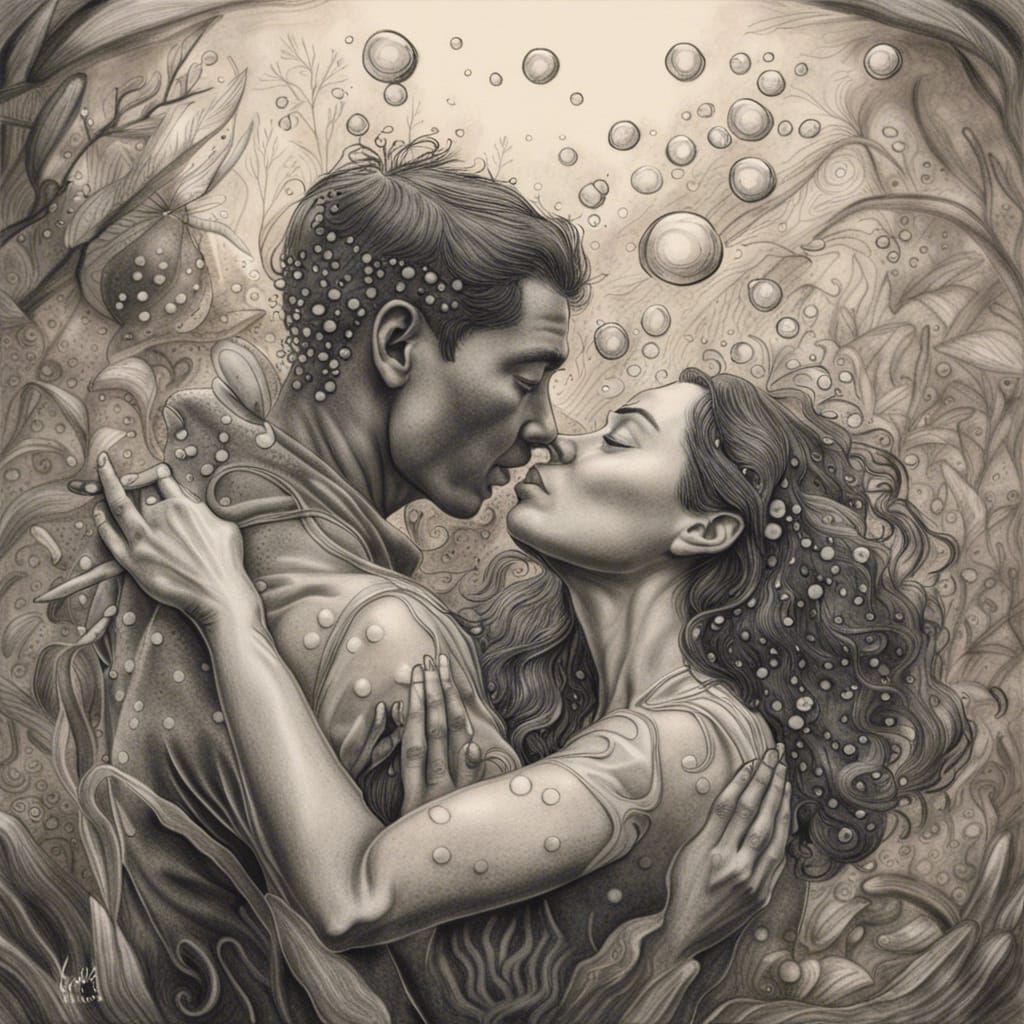 Underwater Embrace: Hyperdetailed Charcoal Drawing