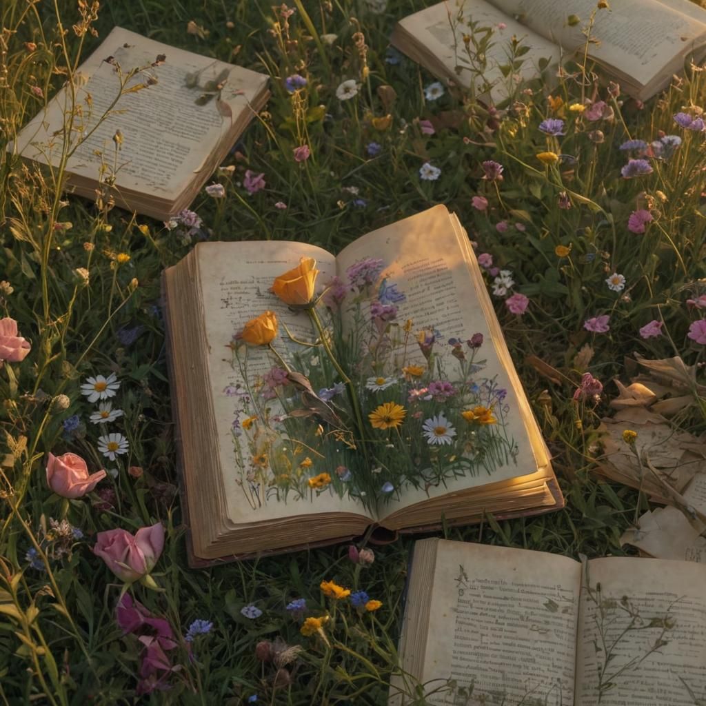 Meadow Sunset: Book with Rose, Matte Painting