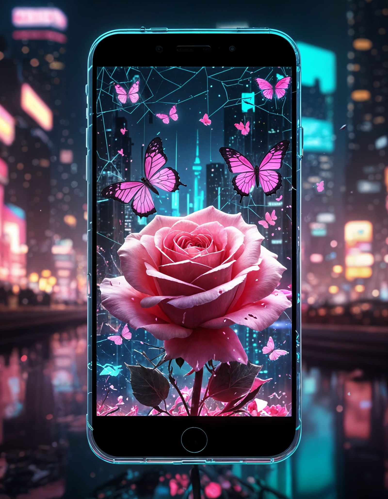 Cyberpunk Smartphone With Blooming Rose and Butterfly Glass