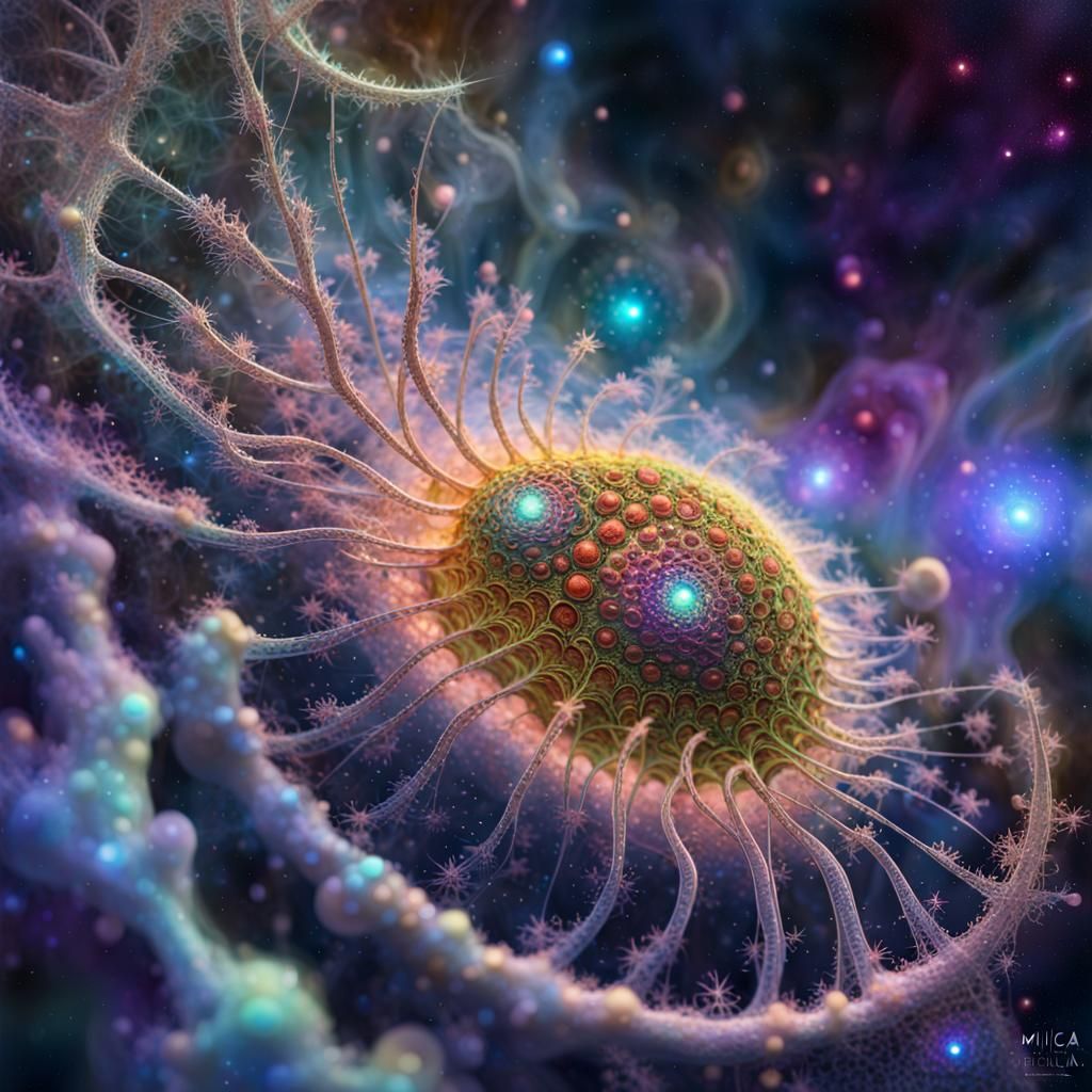 Dinoflagellate Swimming in Space with Neon Details