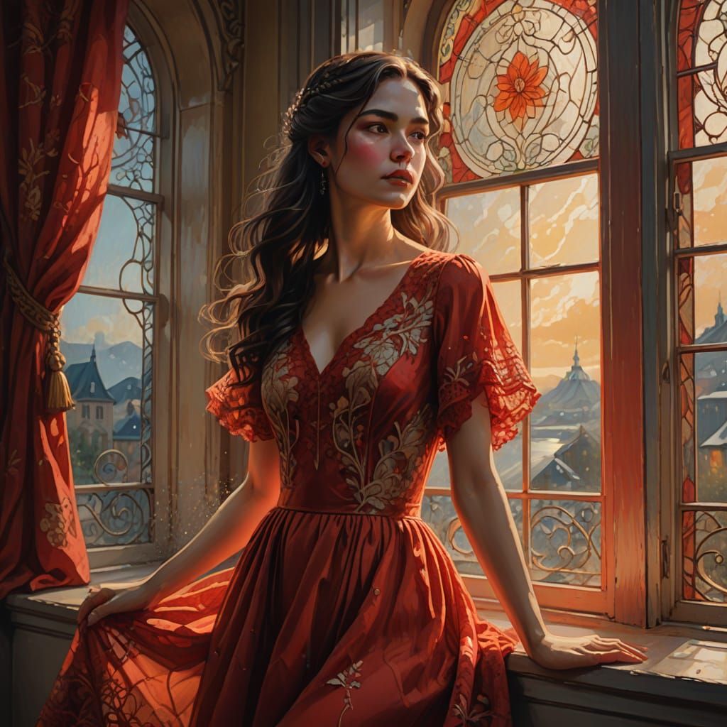 Woman in Red Dress by Window, Vibrant Oil Painting