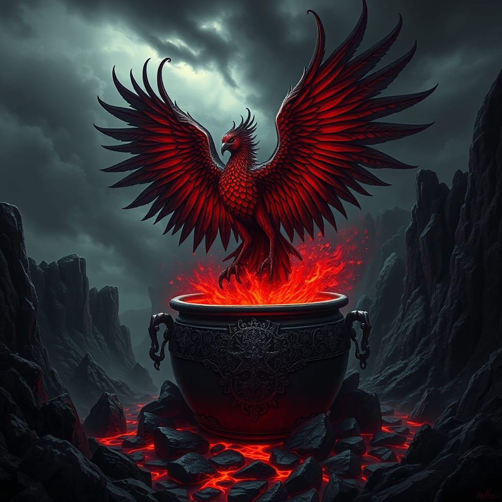 Gothic Phoenix Rising from Lava Cauldron