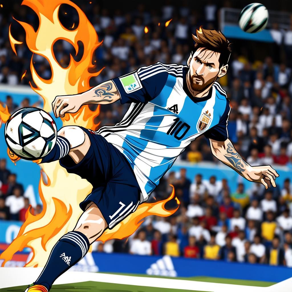 Messi Scores Goal Anime Style Ball on Fire