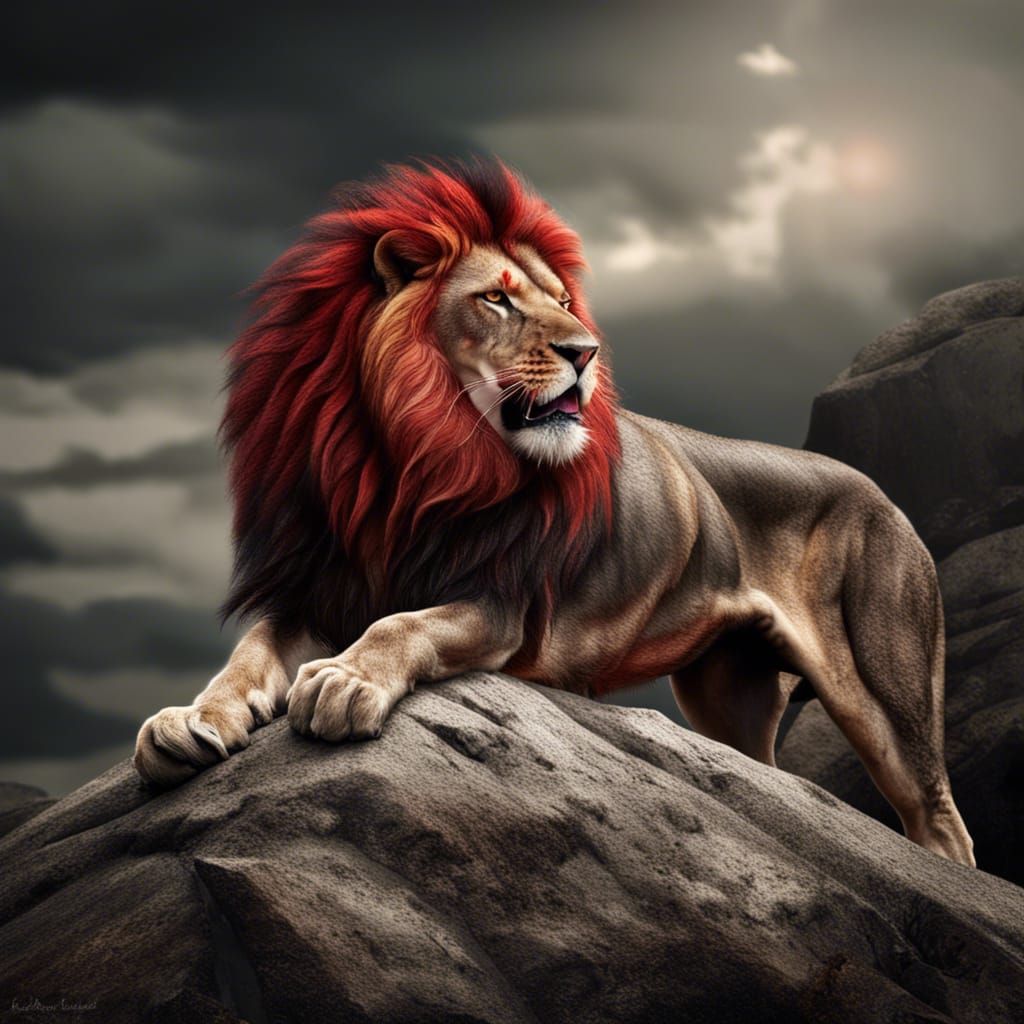 Roaring Lion with Crimson Mane, Hyperrealistic Image
