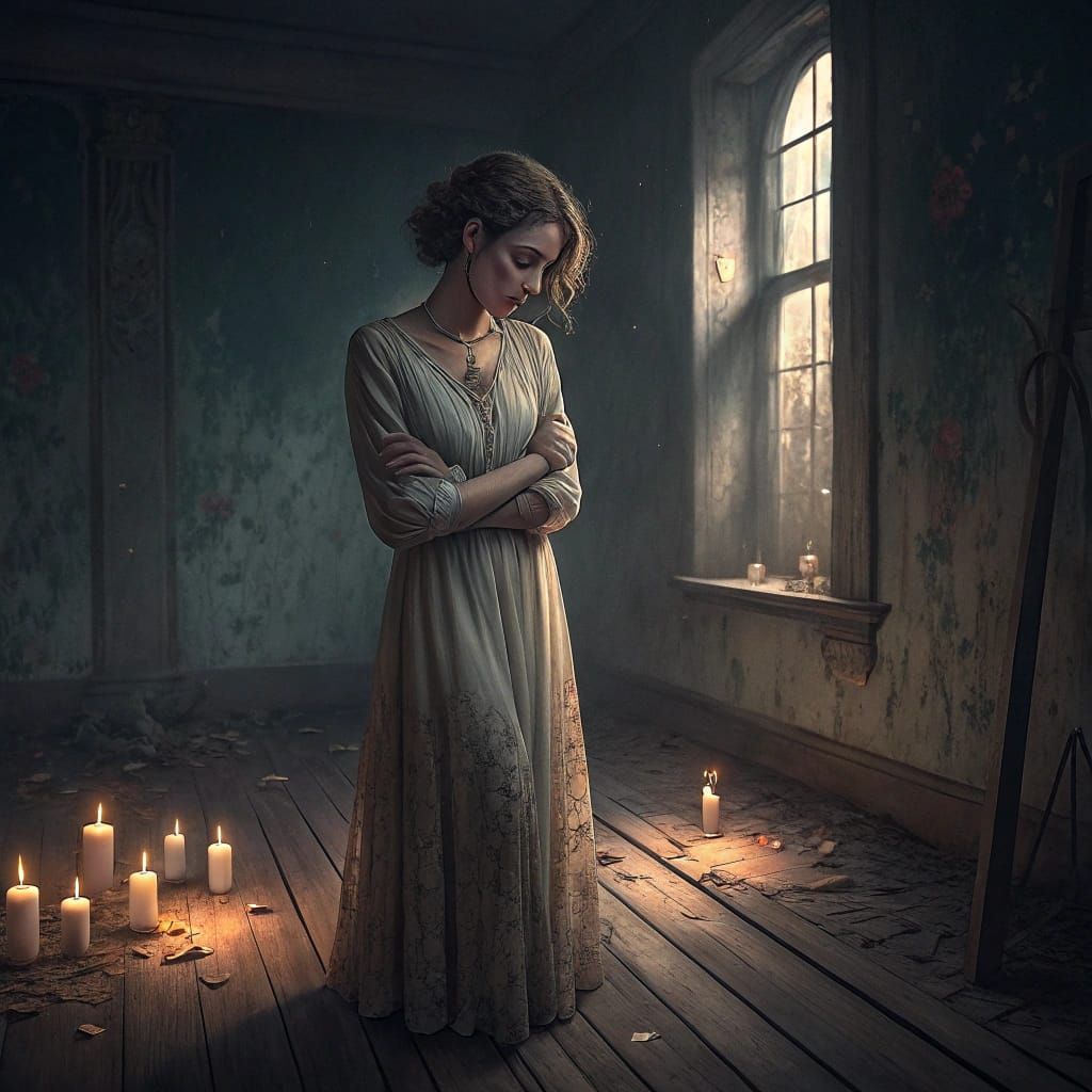 Melancholic Woman in Faded, Atmospheric Room