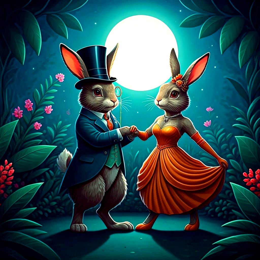 Moonlit Whimsy: Elegant Rabbits Dance in Dreamy Nighttime Sc...