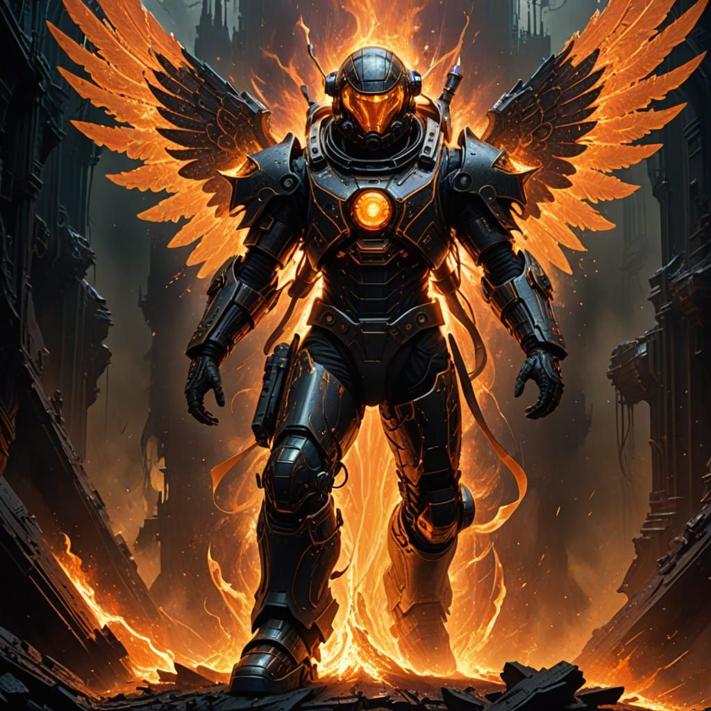 Fiery Mech Angel in Cosmic Rift, Doré Style