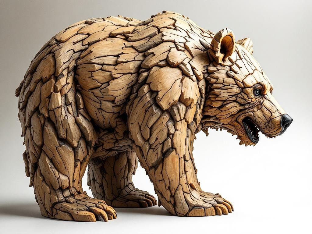 Intricate Wooden Bear Carving with Rustic Aesthetic