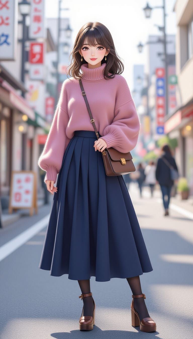 Feminine Fashion Sketch: Dusty Rose Sweater and Blue Skirt