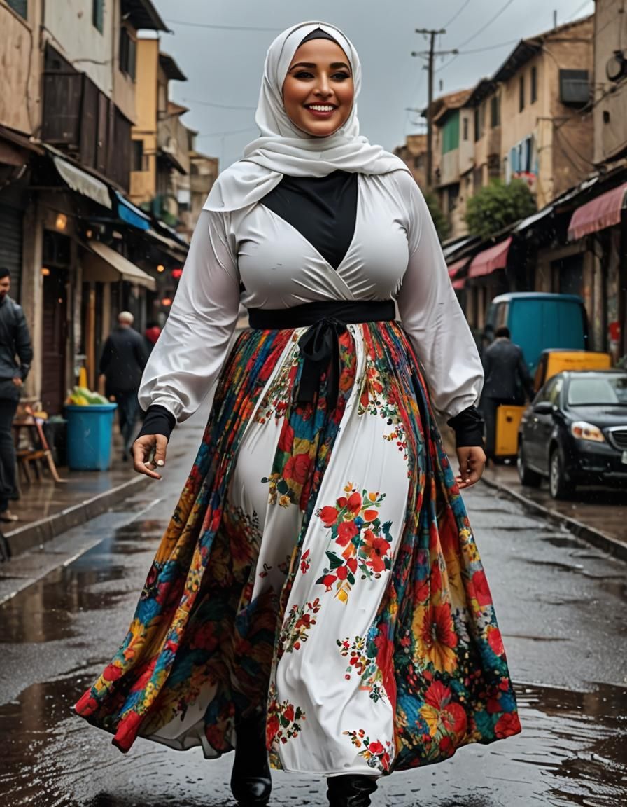 Charming Woman in Rainy Village: Pop Art Style