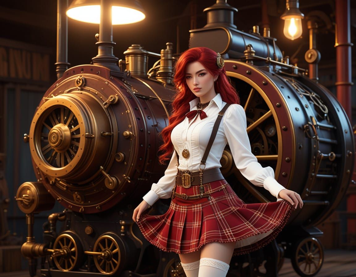Ruby-Haired Cowgirl in Retro Steampunk Western Outfit