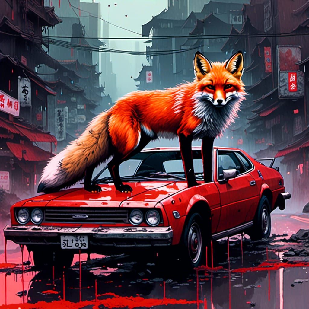 Cyberpunk Fox on Car: Gritty Urban Fantasy Art