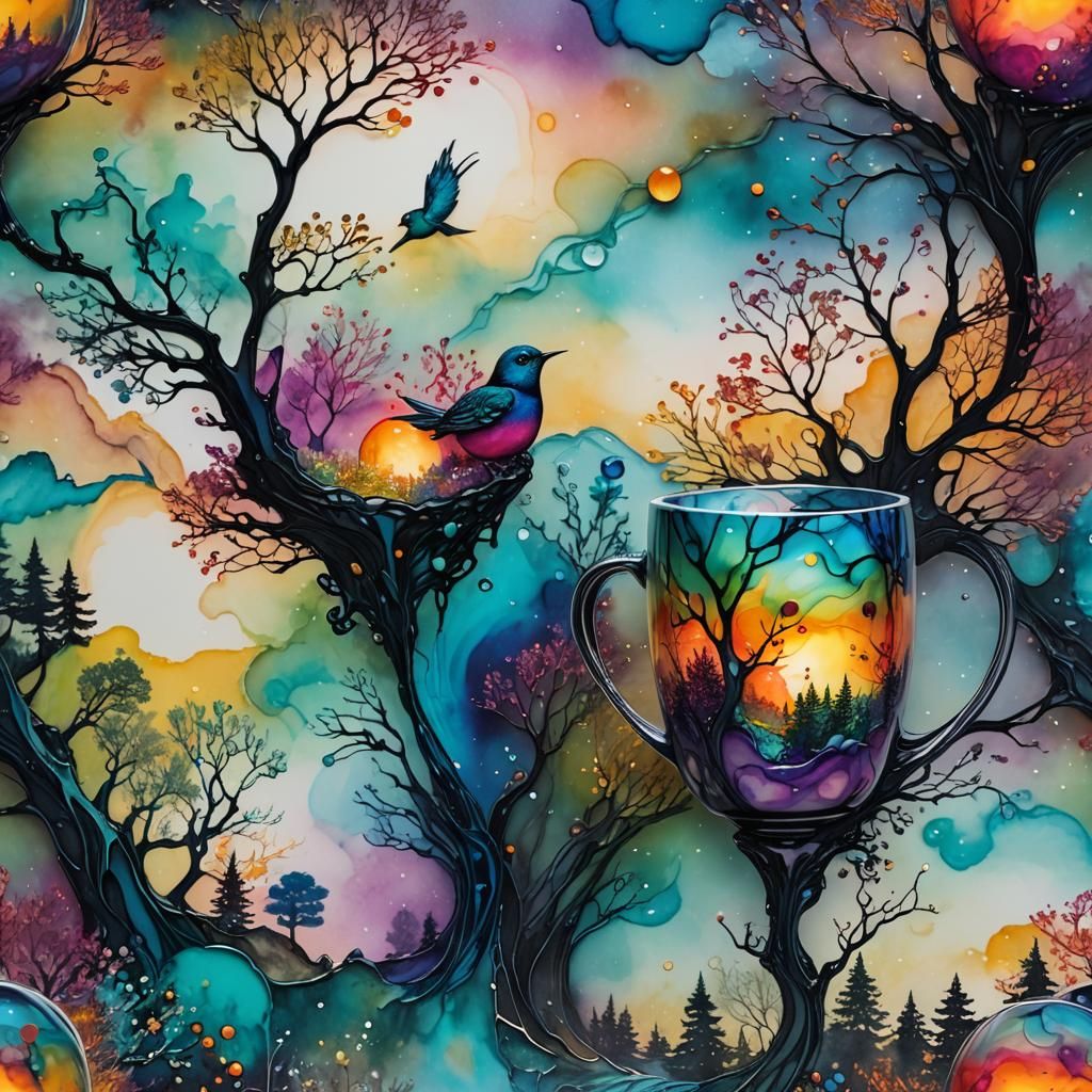 Fantastical Landscape with Bird, 3D Alcohol Ink Art