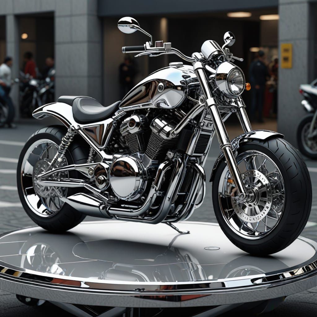 A Futuristic Chrome Motorcycle on a Metallic Turntable