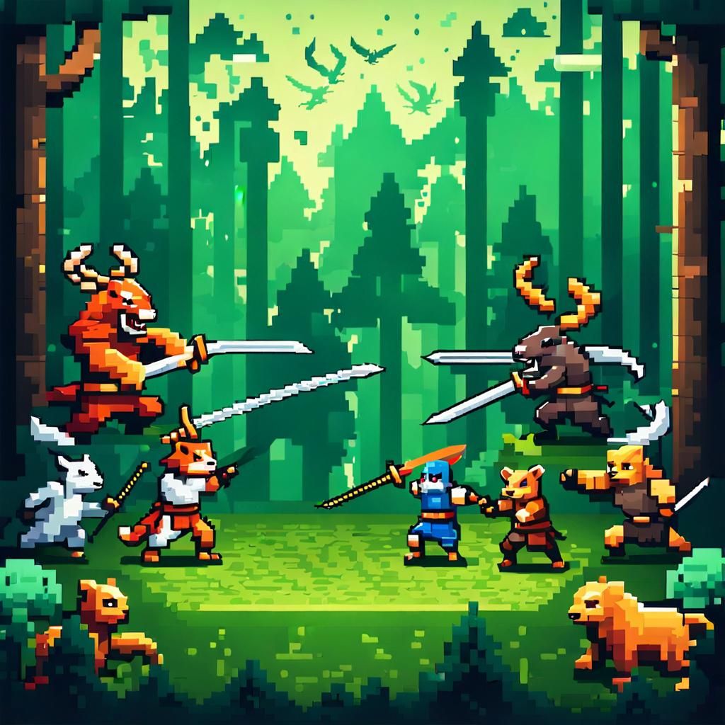 Pixel Art Animal Teams Sword Fight in Arena