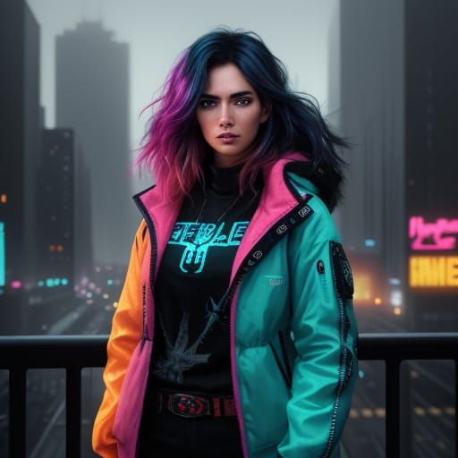Confident Futuristic City Girl in Hyperrealistic Splash Art