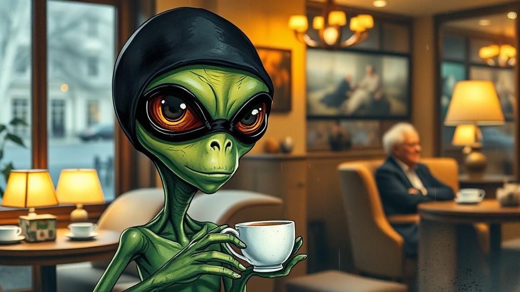 a green alien with cofee