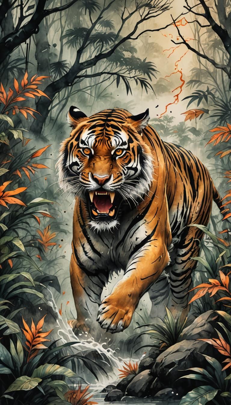 Fierce Tiger Roaring in Asian Tattoo Style
