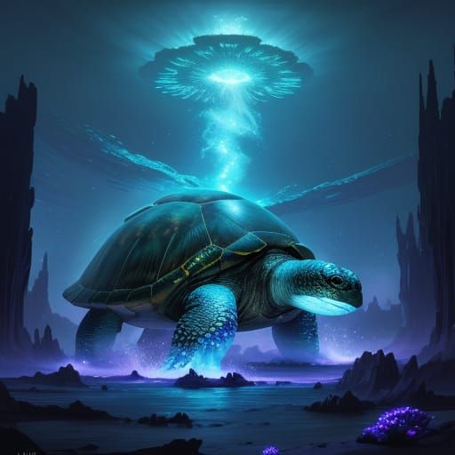 Bioluminescent Turtle in Cosmic Nebula Concept Art
