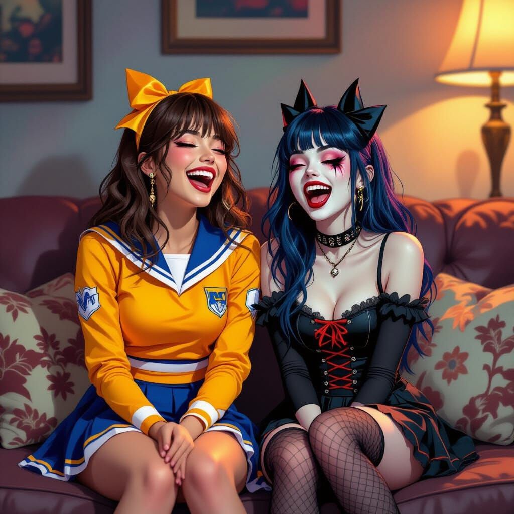 Cheerleader and Goth Girl Watch Horror Movie Together