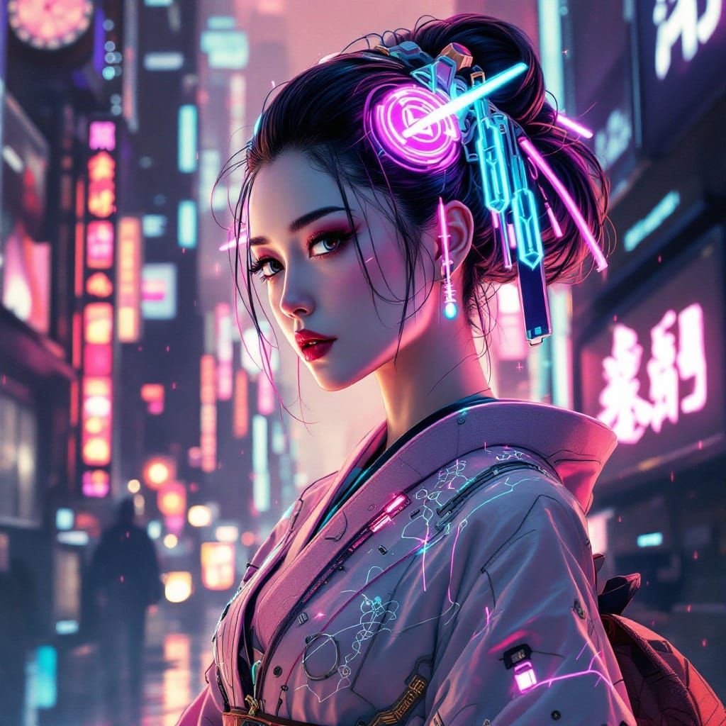 Cyberpunk Geisha in Futuristic Cityscape
